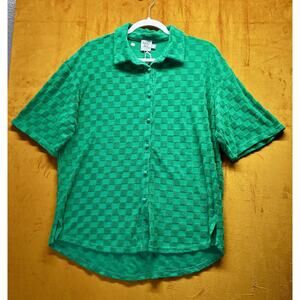 Princess Polly Green Terrycloth Button Front Top US 6 Checkered Textured Shirt